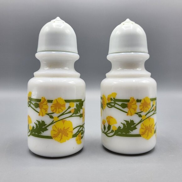 Other - Vintage 1970s Milk Glass Salt & Pepper Shakers Wildflowers Yellow Floral Design